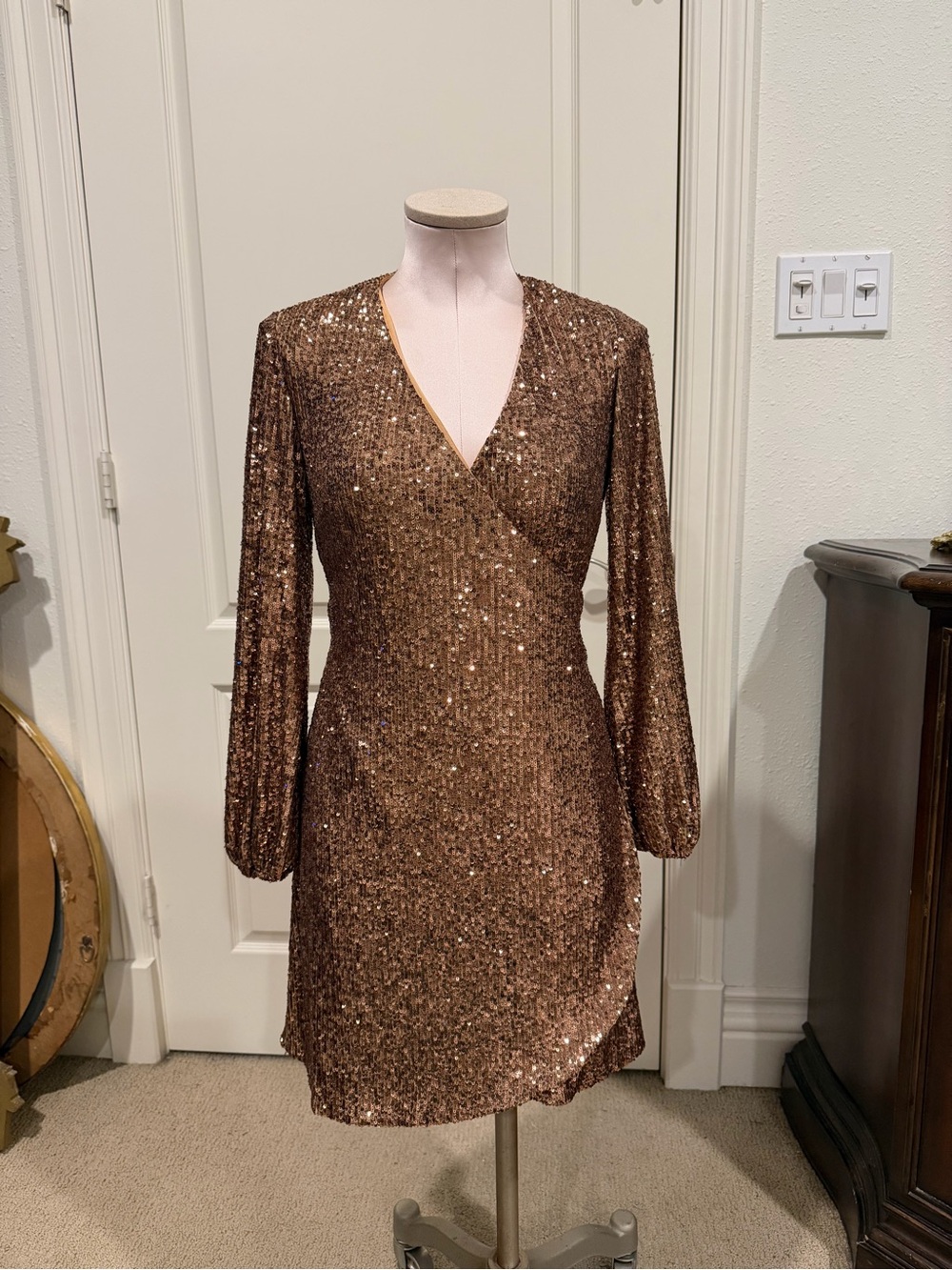 Gianni Bini Bronze Sequin Wrap V-Neck Long Sleeve Dress